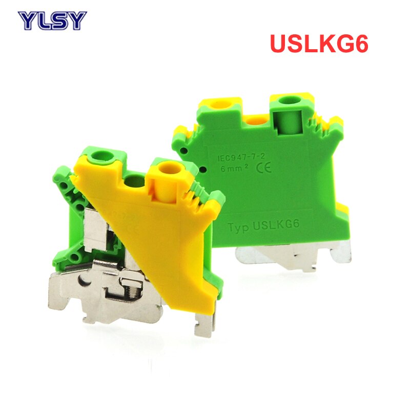 2Pcs Ground Terminal Blocks USLKG6 DIN Rail Screw Terminal Blocks UK-6N Yellow Green Earthing Morsettiera Wire Connector 6mm2