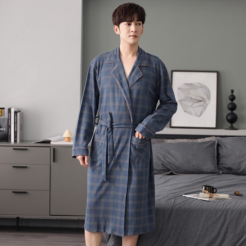M-4XL 100% Cotton Bathrobe Men Spring Autumn Sleep Top Kimono Robes For Male Plaid Robes Long Bath Robe Bride Robe DressingGown