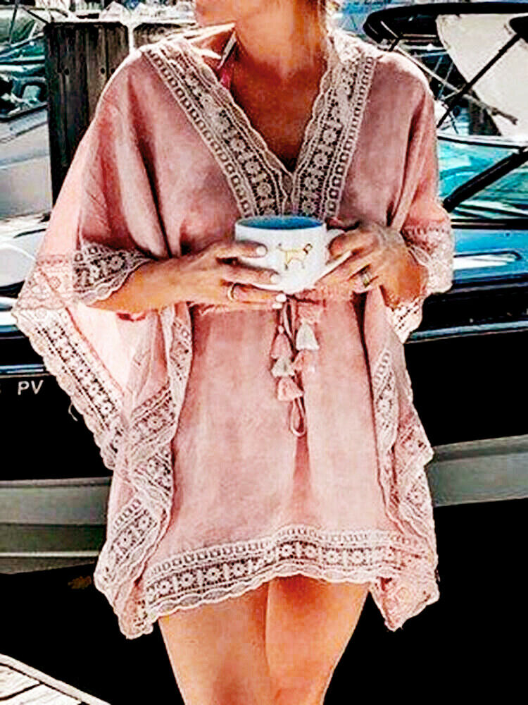 Boho strand kvinde blonder hæklet hul mini cover-ups kjole elastisk samle talje badetøj kaftan batwing badedragt dække op