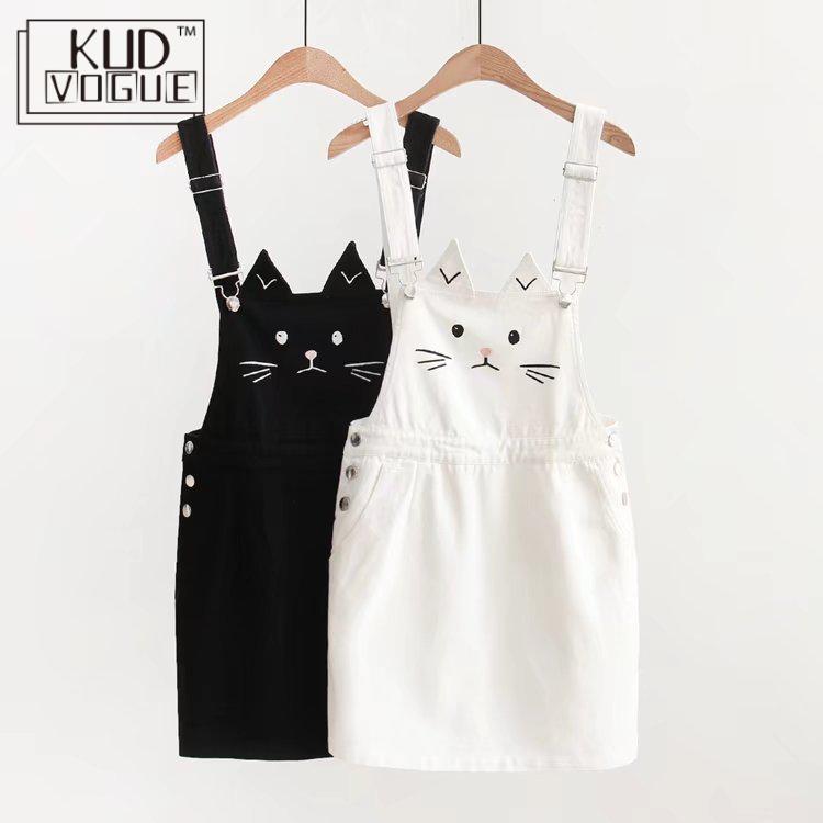Women Strap Skirt Kawaii Cute Cat Ear Embroidery Suspender Skirt Mini Skirts Japanese Style Mori Girl Lolita 8446