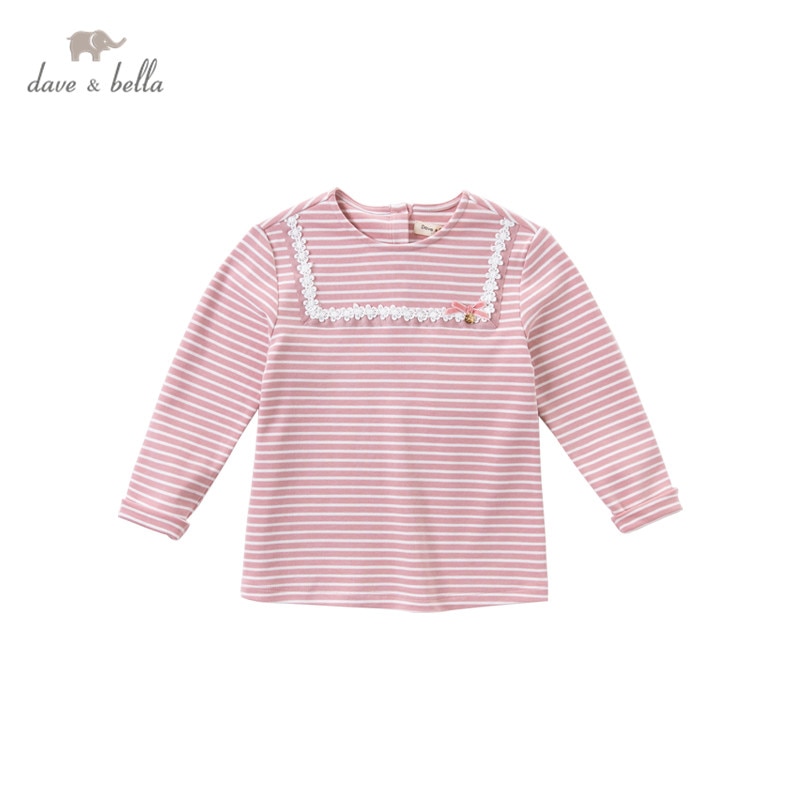 Dkh14242 dave bella outono 5y-13y crianças roupas moda arco floral listrado impressão camiseta meninas de alta qualidade moda t