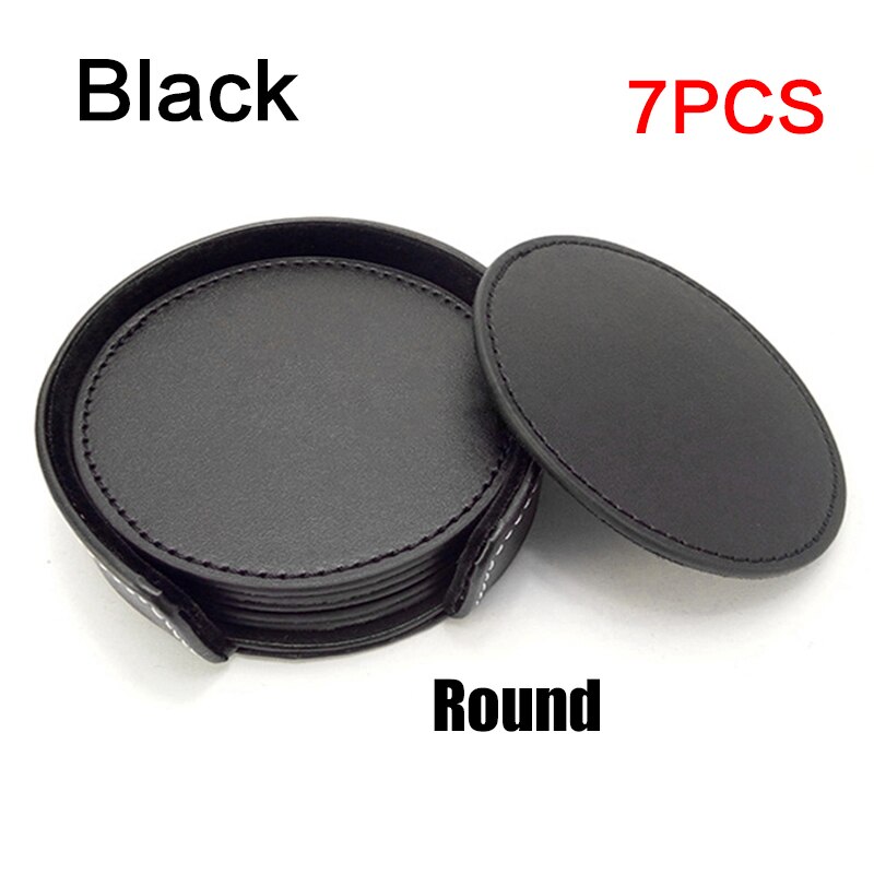 7 stk lær koppematter pu lær drikke dalbane sett holder cupcoaster sklisikker rund kaffekopp matte sett svart bordplate: 9