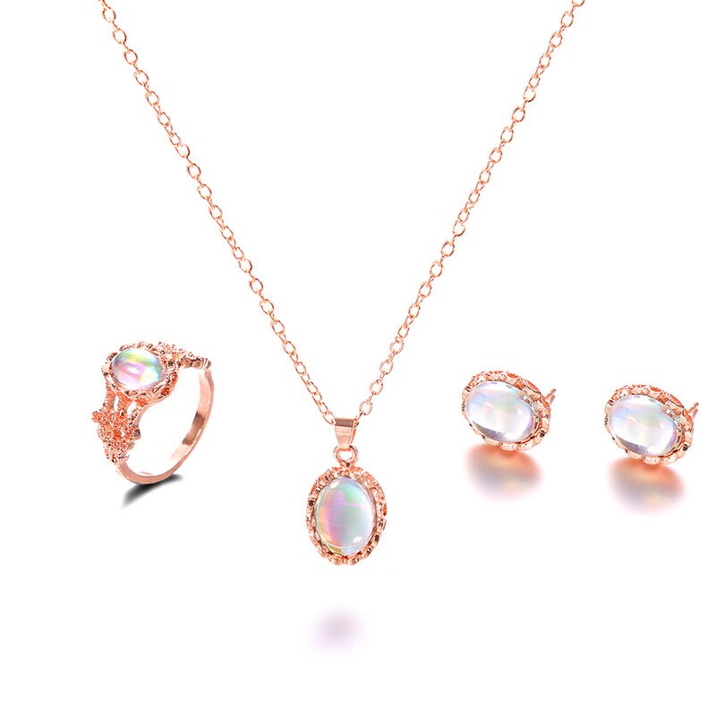 Schattige Vrouwelijke Ovale Maansteen Sieraden Set Charm Rose Goud Kleur Stud Oorbellen Voor Vrouwen Dainty Bruid Bruiloft Collier Ring