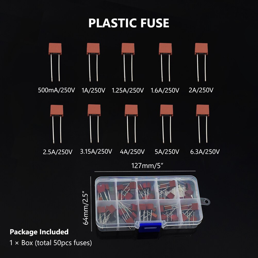 50Pcs/Box 10 Kinds Square Fuse Plastic 392 Electrical Commonly Used Assorted Mix Set 0.5A 1A 1.25A 1.6A 2A 2.5A 3.15A 4A 5A 6.3A