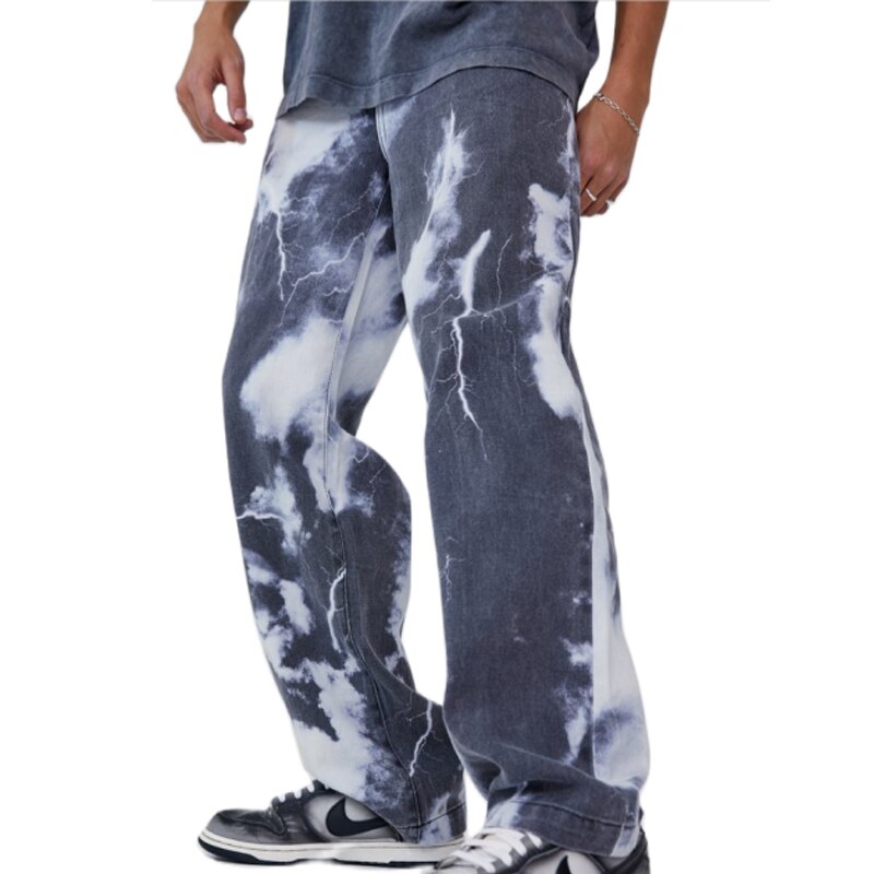 Men Casual Loose Straight Denim Pants Tie Dye Lightning Print Grey Long Trouser Straight Jeans