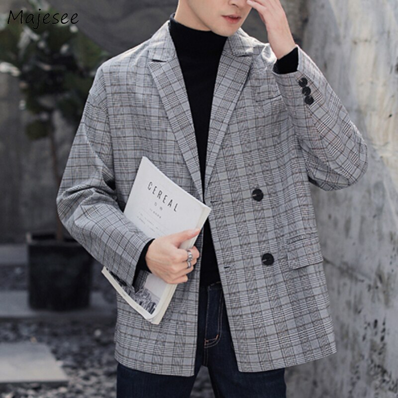 Blazers homens xadrez cinza estilo coreano adolescentes moda casual casacos solto chique all-match streetwear retro outwear estudantes novo macio
