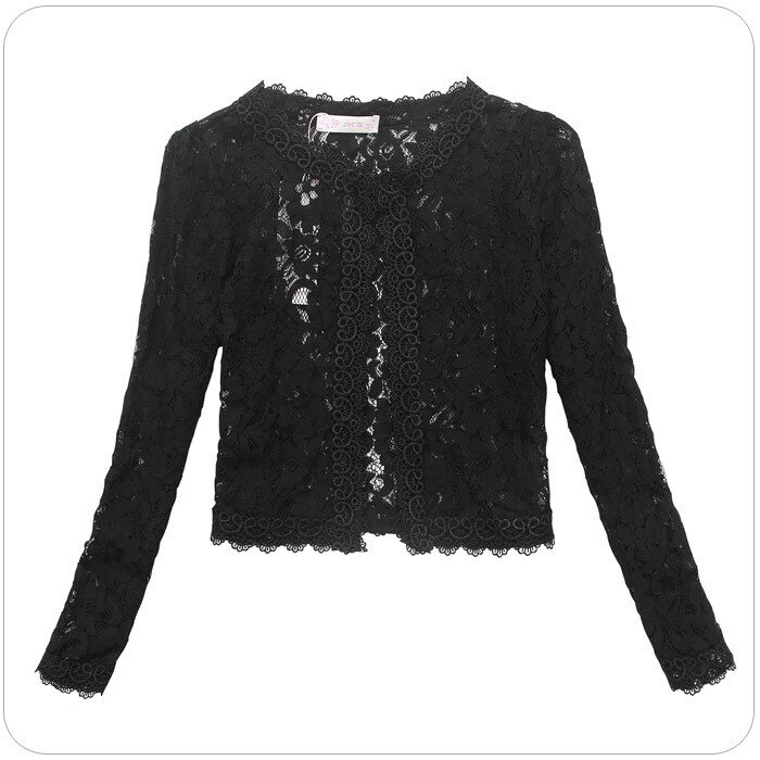 Frühling Frau Schwarz Spitze Jacke Schal Wilden Braut Party Hochzeit Damen Bolero Langen Ärmeln: Schwarz / XXL