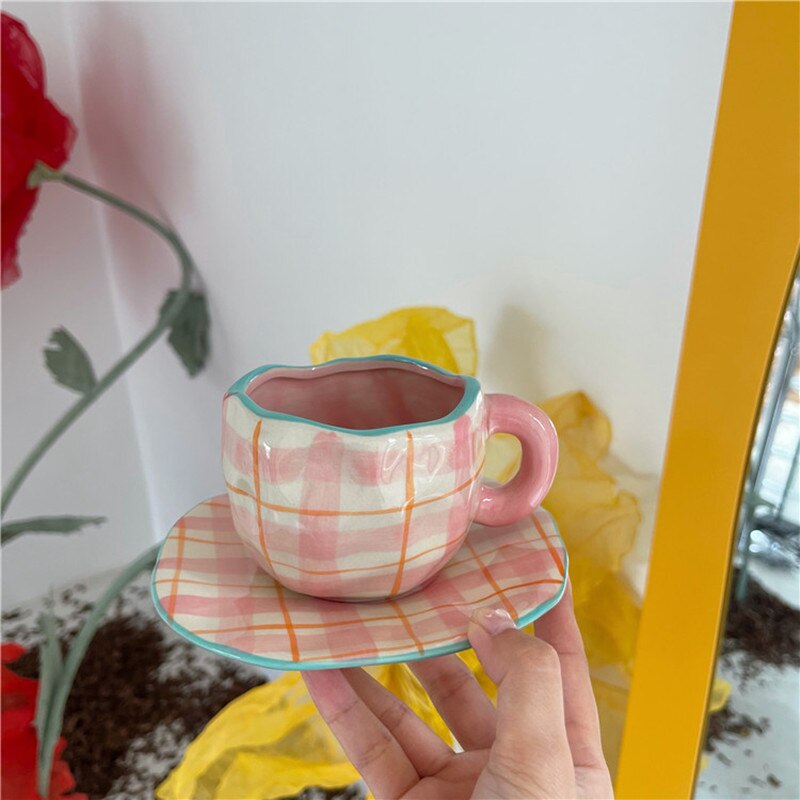 Juego de tazas de café de cerámica de cuadros rosas nórdicos, Irregular, decorativo para el hogar, desayuno, leche, té, cocina, taza para beber, taza de café