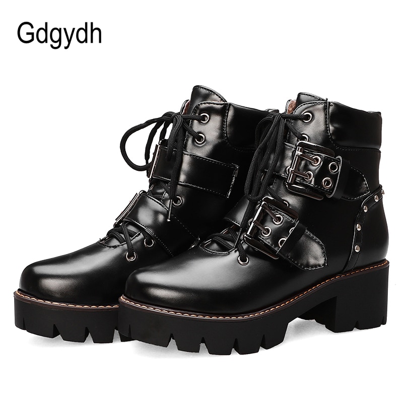 Gdgydh Schnalle Schwarz Gothic Stiefel Frau Punk Lace-up Chunky Heels Damen Kurze Stiefel Komfortable Neue schiff