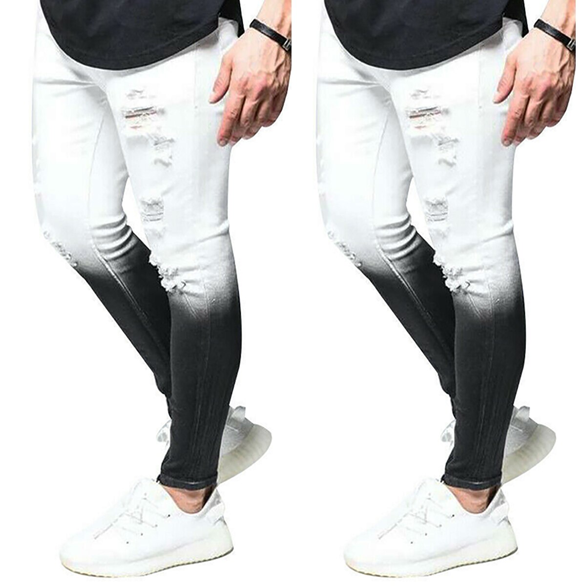 Mode Mannen Skinny Jeans Hoge Veerkracht Ripped Jeans Slim Fit Denim Sportstrousers Streetwear Kleuraanpassing Ritsen Skinny