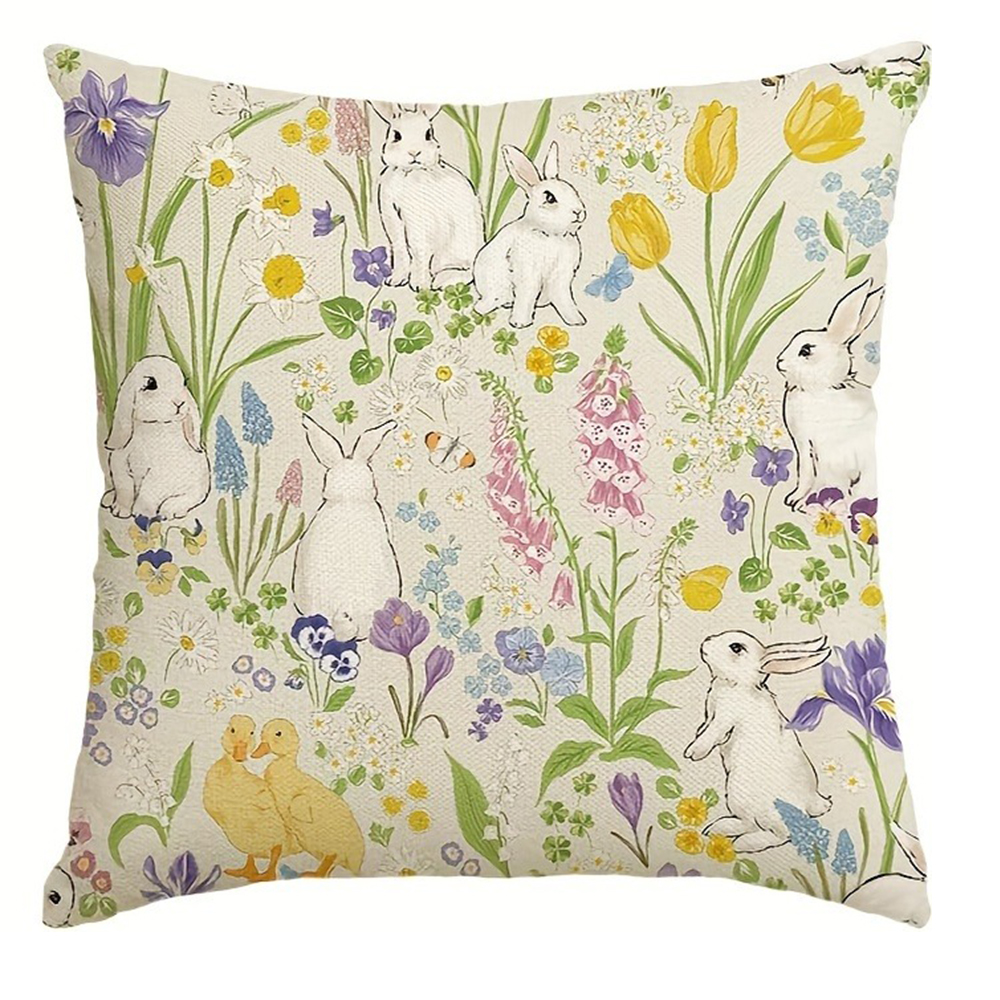 Funda de almohada decorativa de Pascua feliz, funda de cojín para sofá con de flores y entramado de conejo de primavera, decoración para la habitación del hogar: 470 x 740 mm / Azul