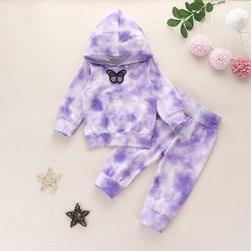 Ensemble 2 pièces pour bébés filles, vêtements à la pour l'automne, broderie papillon avec teinture à manches longues, sweat-shirt + pantalon pour bébés