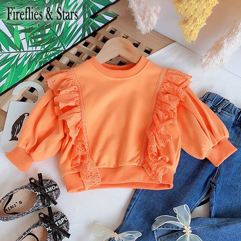 Forår efterår piger sweatshirt baby t-shirts børn pullover til børn tøj ruched hollow out 2 to 7 år: Orange / 7t