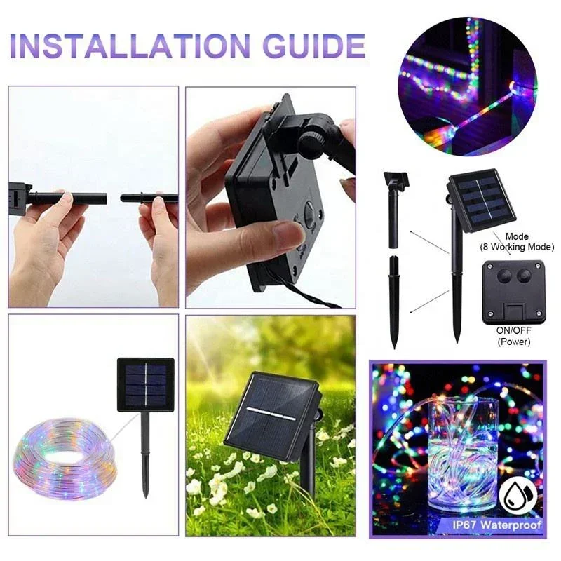 Solar Rope Lights Waterproof LED Light Rope Solar String Lights Outdoor for Patio Pool Landscape Christmas Tree Decorations
