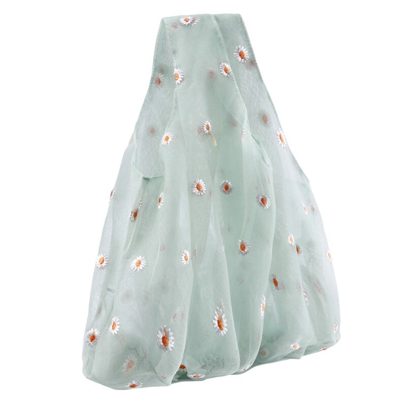 Bolso pequeño de tela transparente para mujer, bolsa de tela con bordado de margaritas, de , ecológico, para frutas, monedero para niña,: green