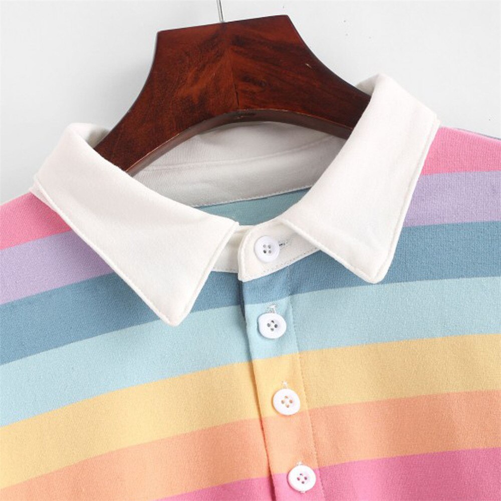 Camiseta Polo de manga larga para mujer, ropa de Color arcoíris con cuello vuelto a rayas con botones, estilo coreano,