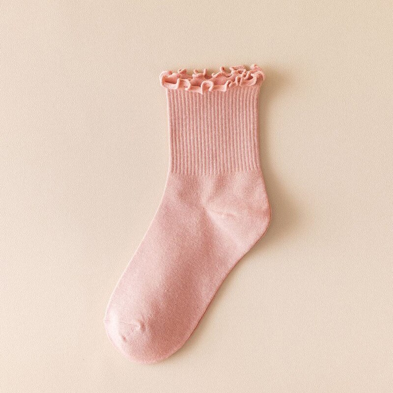 Röyhelöiset röyhelösukat naisille pitsiset söpöt yksivärinen harajuku puuvilla kawaii onnellinen syksy talvi pitkät korkeat naisen sukat tyttöjen sukat: Vaaleanpunainen