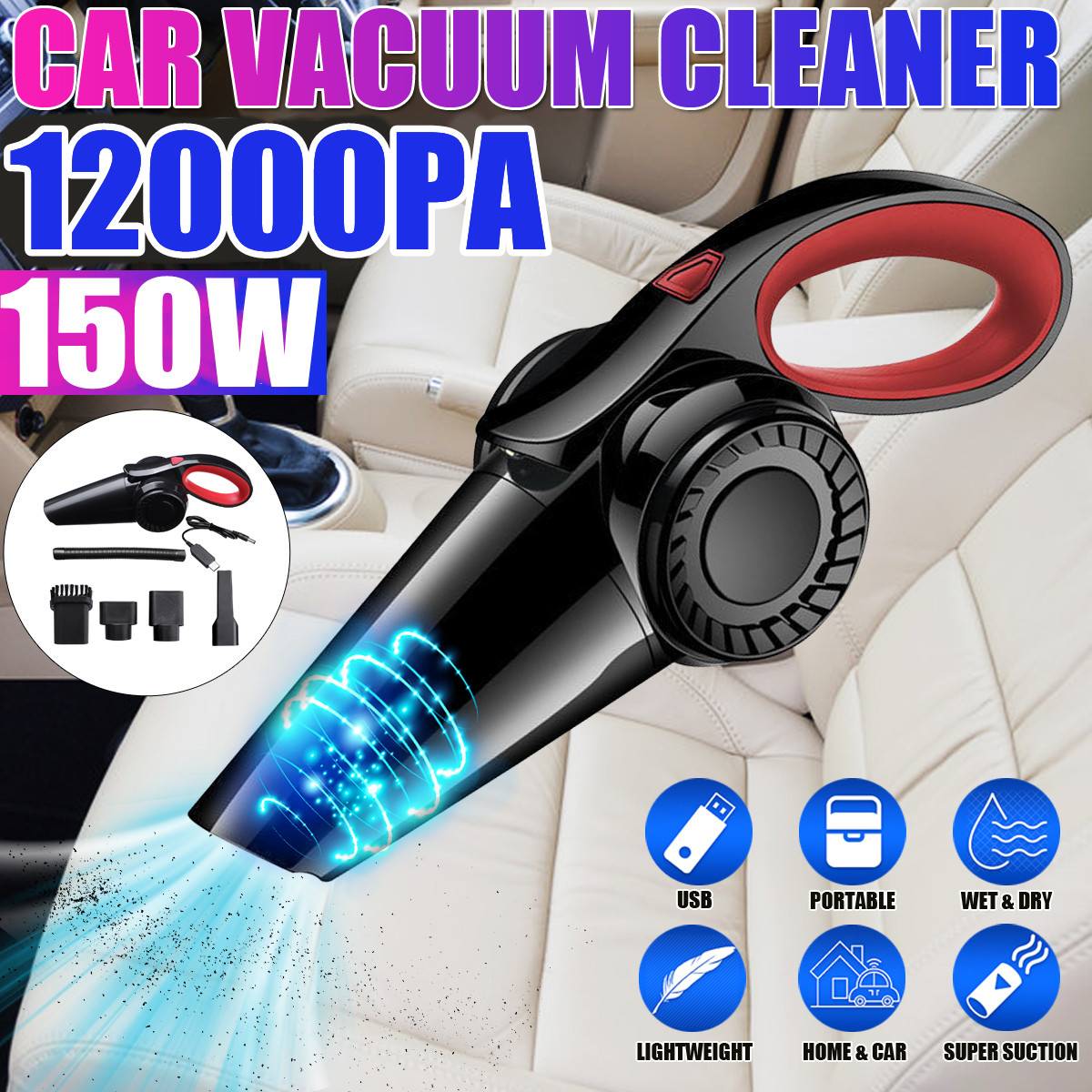 Audew 150W Handheld Vacuum Cordless 12000pa Powerful Cyclone Suction Portable Rechargeable Vacuum Cleaner for Car Home Pet Hair