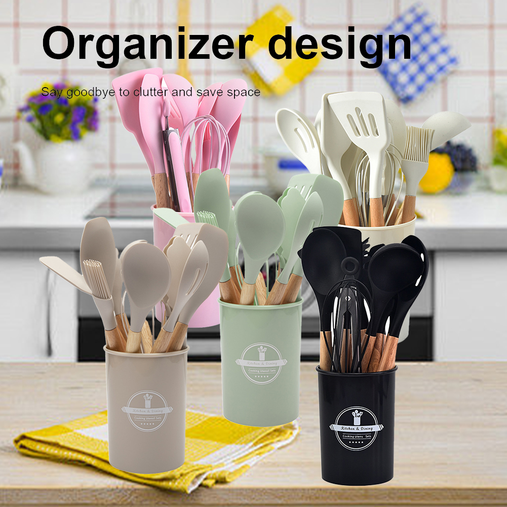 12Pcs Kitchen Utensil Set Cooking Tools Kit with Holder Heat-Resistant Cookware Spatula Spoon Brush Whisk Kitchen Supplies