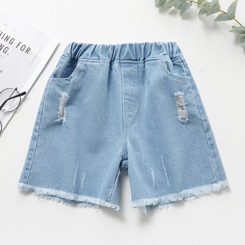 Kids Girl Denim Shorts Summer Bottoms Tassels Edge Flower Embroidery Breathable Elastic Waist Clothes: Light Blue / 5T