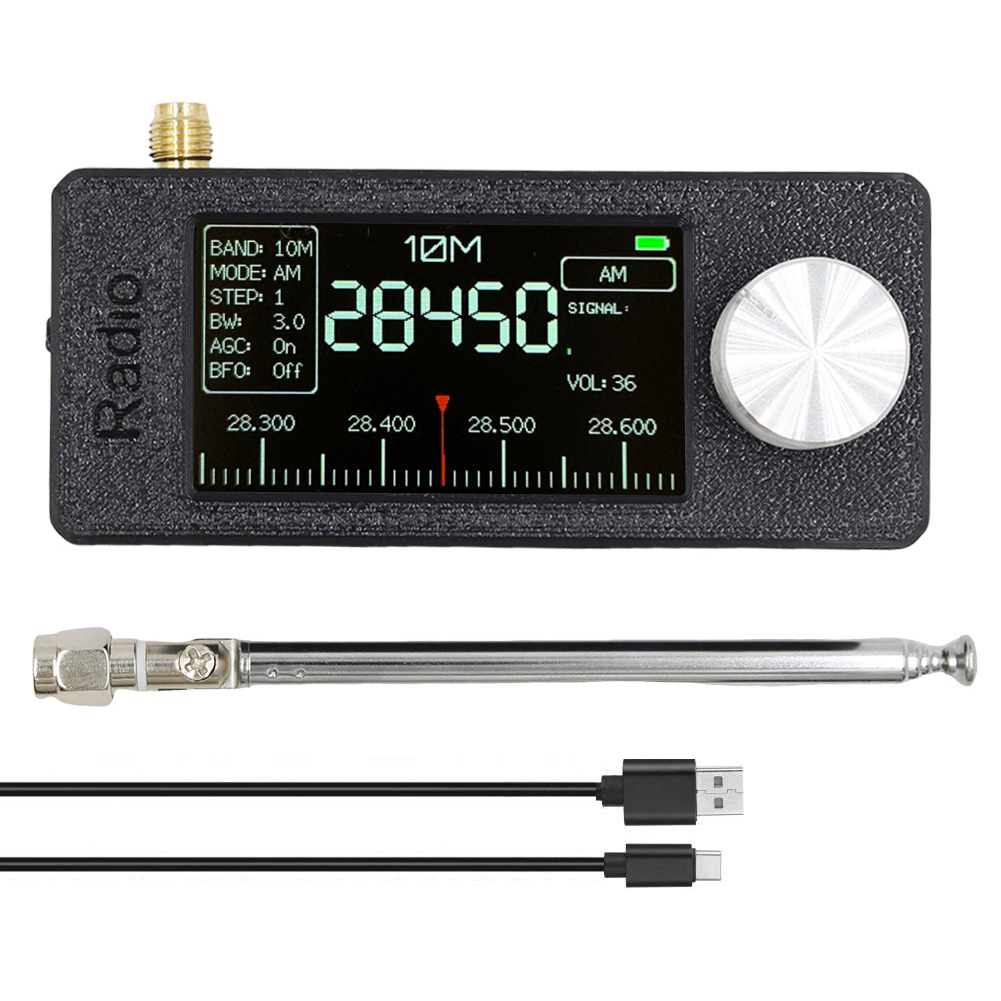 SI4732 0,5–108 MHz tragbares Radio, 1,9 Zoll IPS-Bildschirm, Taschen-Miniradio, LSB, USB, AM, FM, HF, SW, MW, VHF-Radio mit Antenne: Black