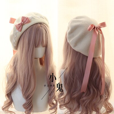 Søt jente lolita kjole tilbehør rosa kawaii bowknot beret søt blonder lett matchende høst vinter loli lue