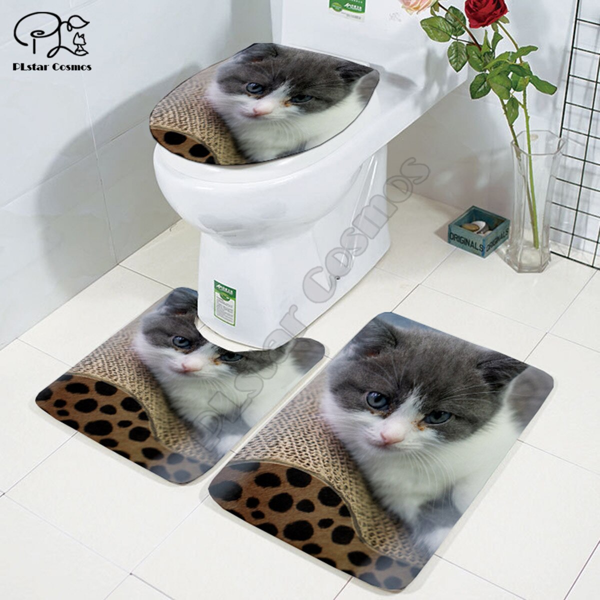 Leuke Kat Patroon Cartoon Funny Stitch 3D Gedrukt Badkamer Voetstuk Tapijt Deksel Wc Cover Badmat Set Stijl-3: 1