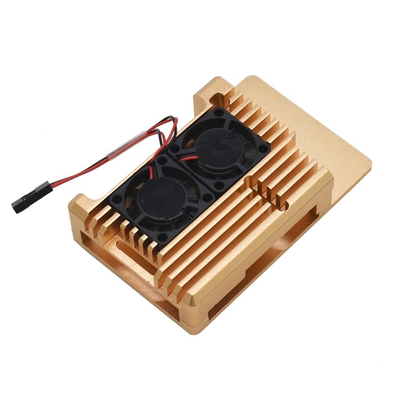 Voor Raspberry Pi 4 Model B + Cooling Shell Metalen Aluminium Case Radiator Fan (Goud)