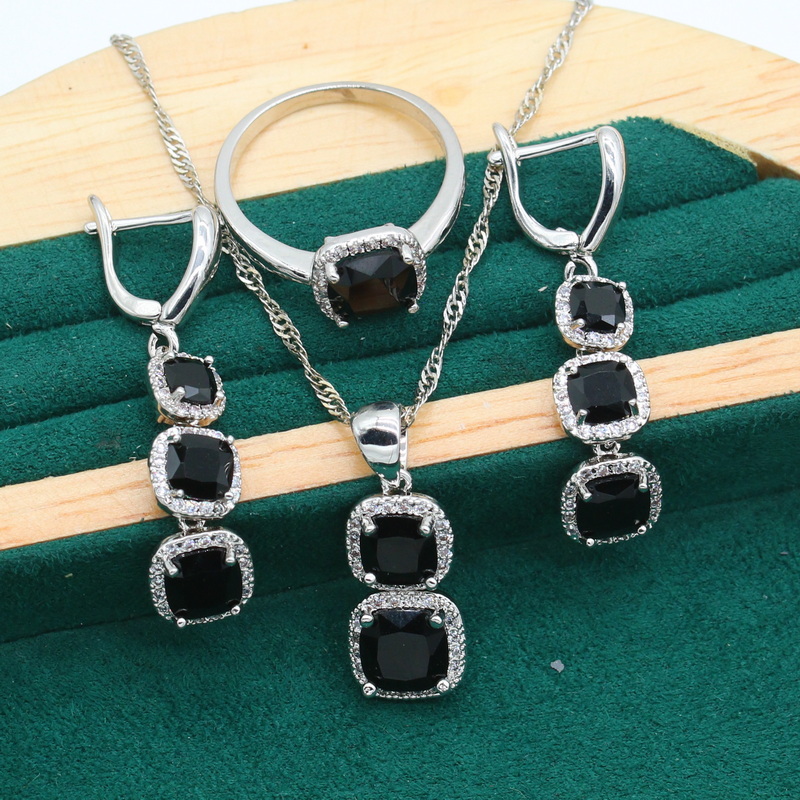 Geometrische Schwarz Zirkonia 925 Silber Schmuck einstellen für Frauen Lange Ohrringe Halskette Anhänger Ring Geburtstag: 7
