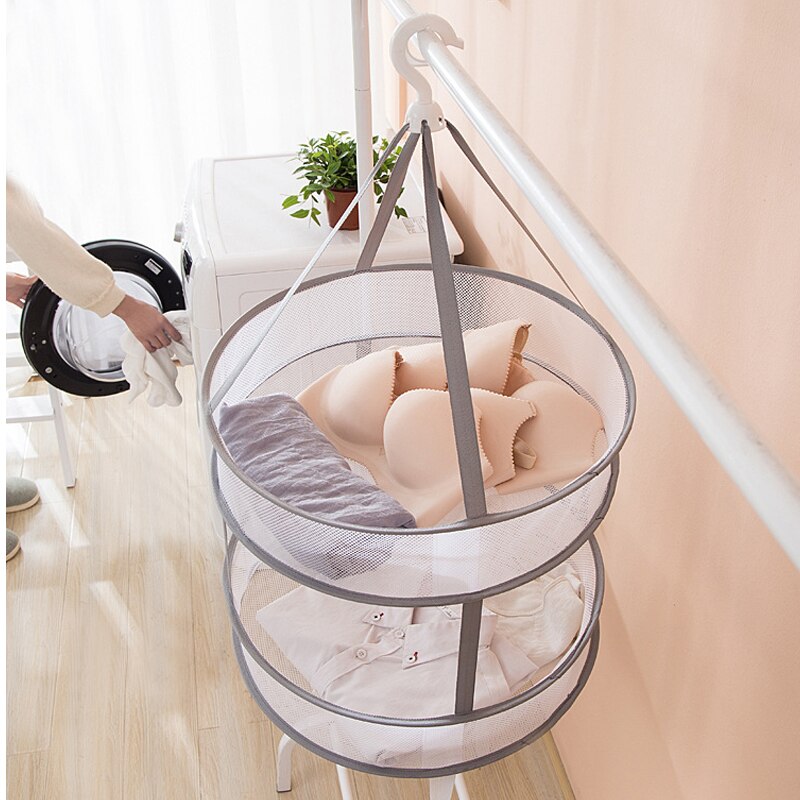 Diameter 48cm Laundry Basket Mesh Folding Nets Double Layer Windproof Clothes Dryer Drying Rack For Sweaters Hanging