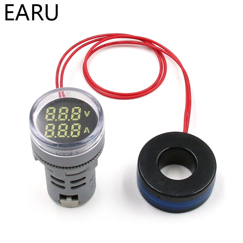 Mini voltímetro Digital redondo amperímetro 22mm AC 20-500V 0-100A Amp Volt probador de voltaje medidor de doble LED indicador de luz piloto