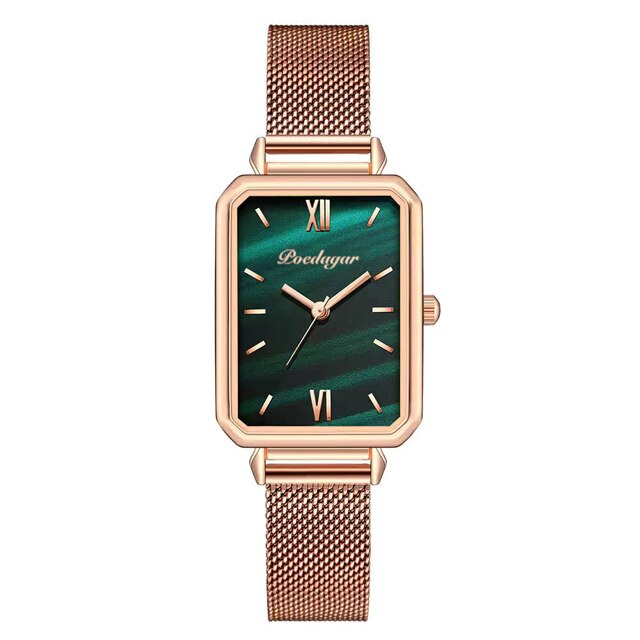 POEDAGAR Women Watches Japan Quartz Movement Waterproof Ladies Watch Stainless Steel Mesh Rose Gold Simple Clock: Jade Green