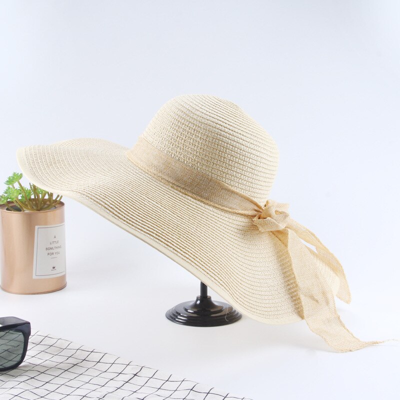 printemps été chapeau de paille femmes tempérament nœud papillon grand bord soleil chapeau Panama Style extérieur plage parasol chapeau de soleil: Beige