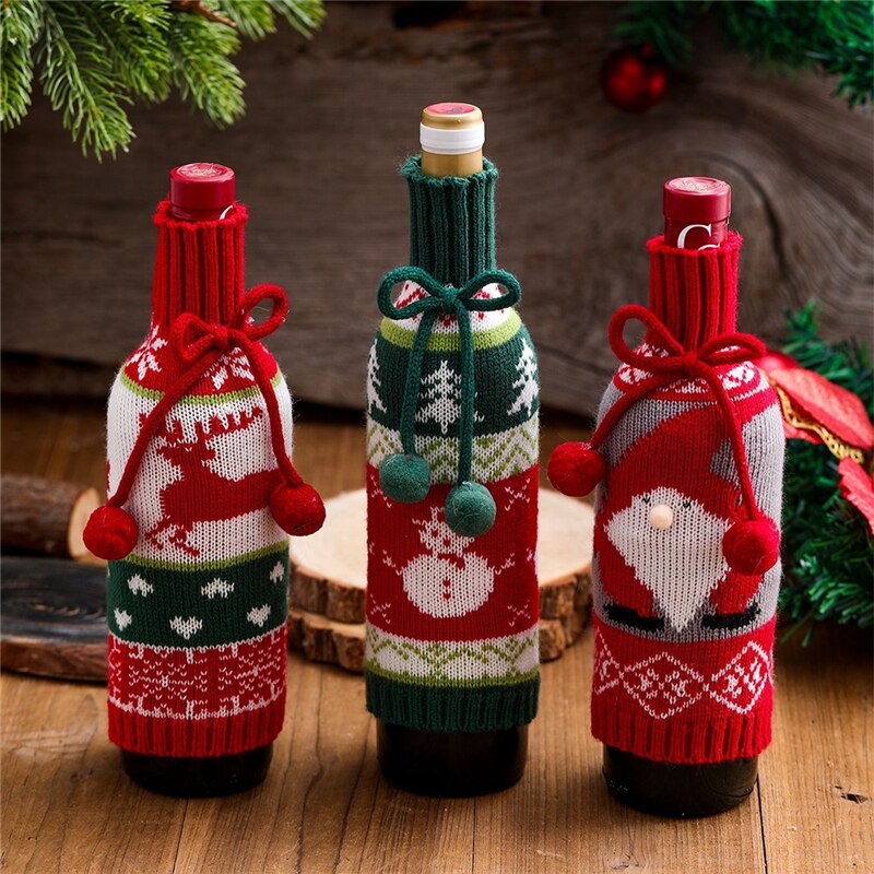 haar Ball Bogen Wein Flasche Hülse Elch Alten Mann Schneemann Gestrickte Rotwein Hülse Dekoration Ornamente