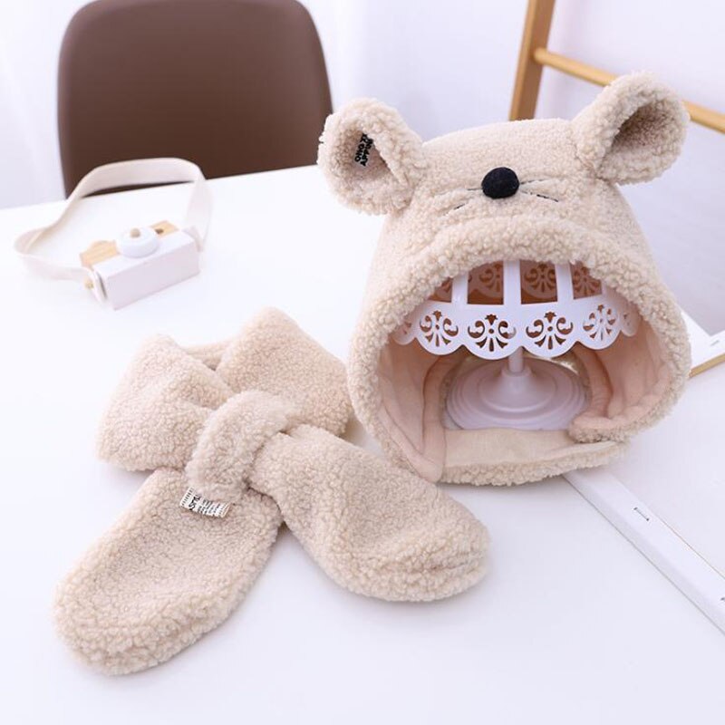Doitbest 2 to 6 år bebis barn mössa liten mus lammull pojkes stickade mössor vinter 2 st pojke tjej mössa scarf set: Beige