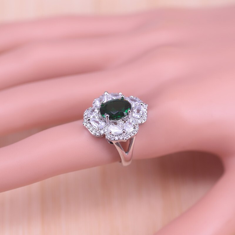Russisk stil sølv farve grøn sten hvid krystal kostume brude smykker armbånd halskæde øreringe ring