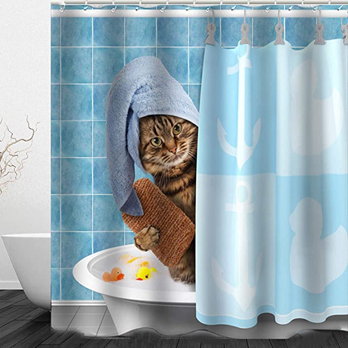 Sjovt dyr dekor brusegardiner romantisk katanisk to katte på havet bad gardiner stof til badekar vandtæt: Som foto 3