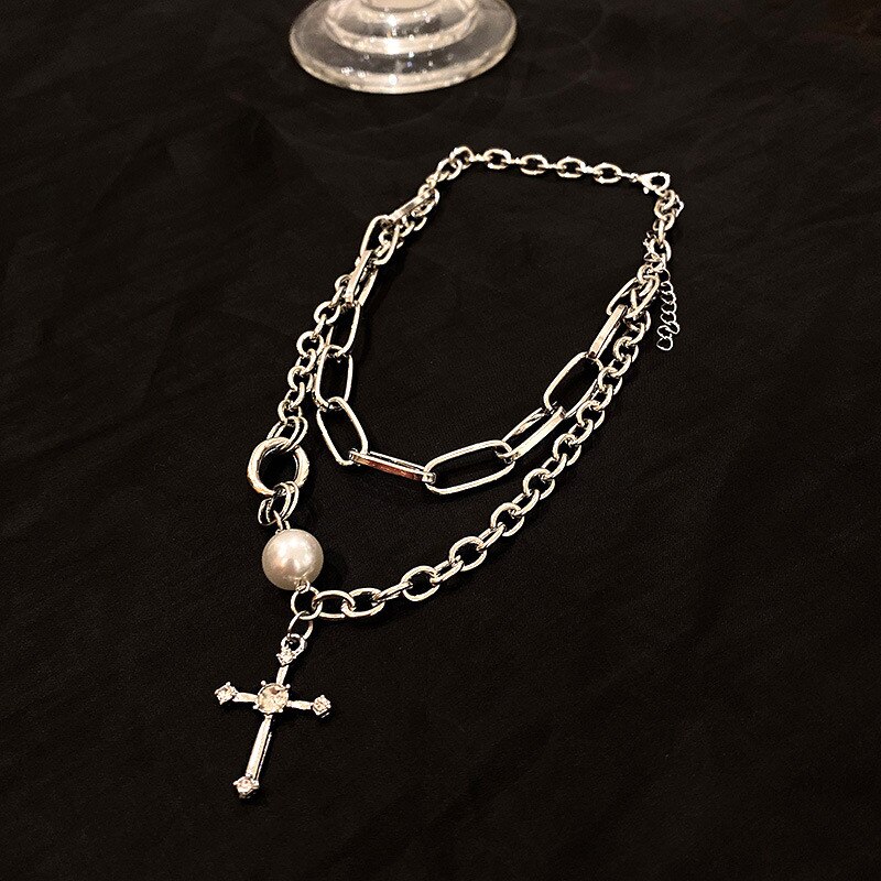 FYUAN Korean Style Double Chain Choker Necklaces for Women Cross Pendant Necklaces Statement Jewelry