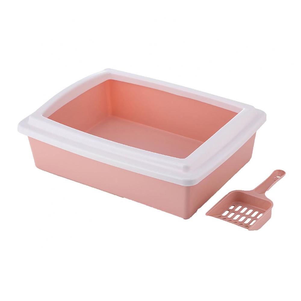 Rectangle Semi-Closed Anti-Splash Pet Cat Litter Box Case Toilet Tray with Scoop: Pink