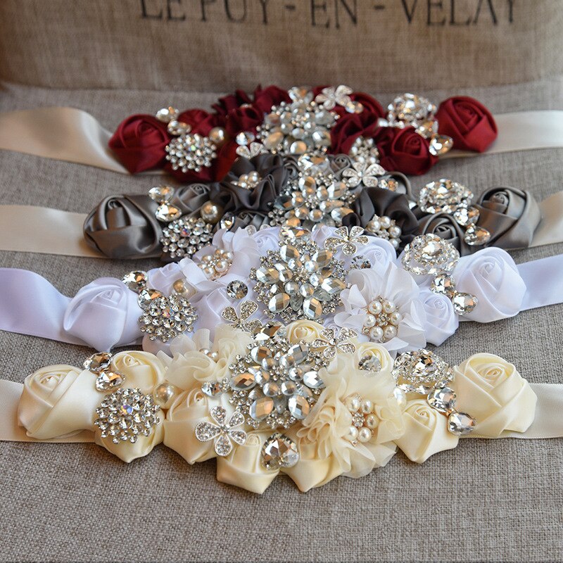 JaneVini-cinturones para boda con abalorios, con flores, Burdeos, satén, rosas, boda, cinturón con cristales, cintas de banda de diamantes de imitación,