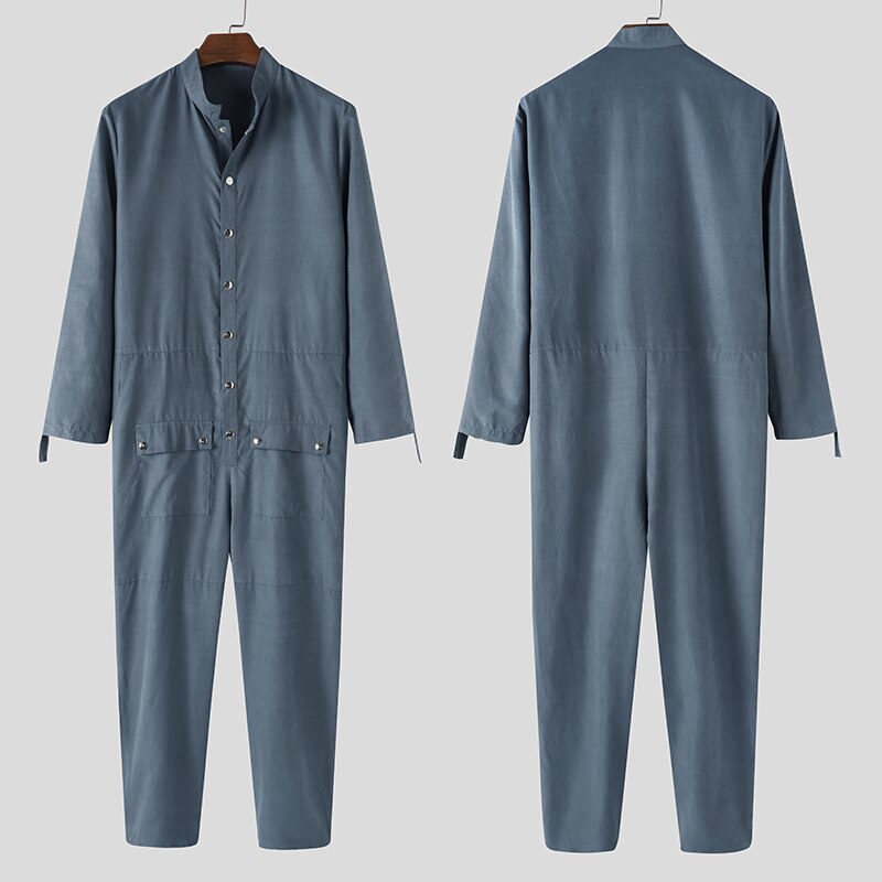 Incerun herre jumpsuits stander krave langærmede cargo smækbukser casual knap streetwear romper herre seler plus str. 7: L / Flåde