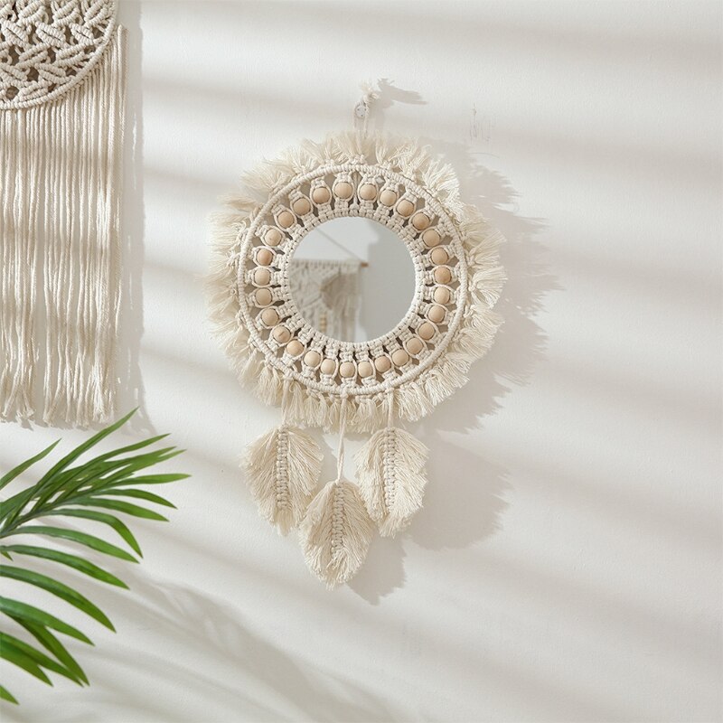 Woven Wall Hanging Mirror Boho Macrame Leaf Pendant Art Decoration for Apartment Living Room Bedroom Bathroom Baby Nursery