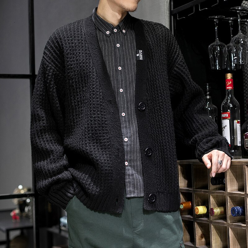 Winter Cardigan Men Solid Color Casual V-neck Knit Sweater Jacket Men Streetwear Wild Loose Sweter Male Clothes M-3XL