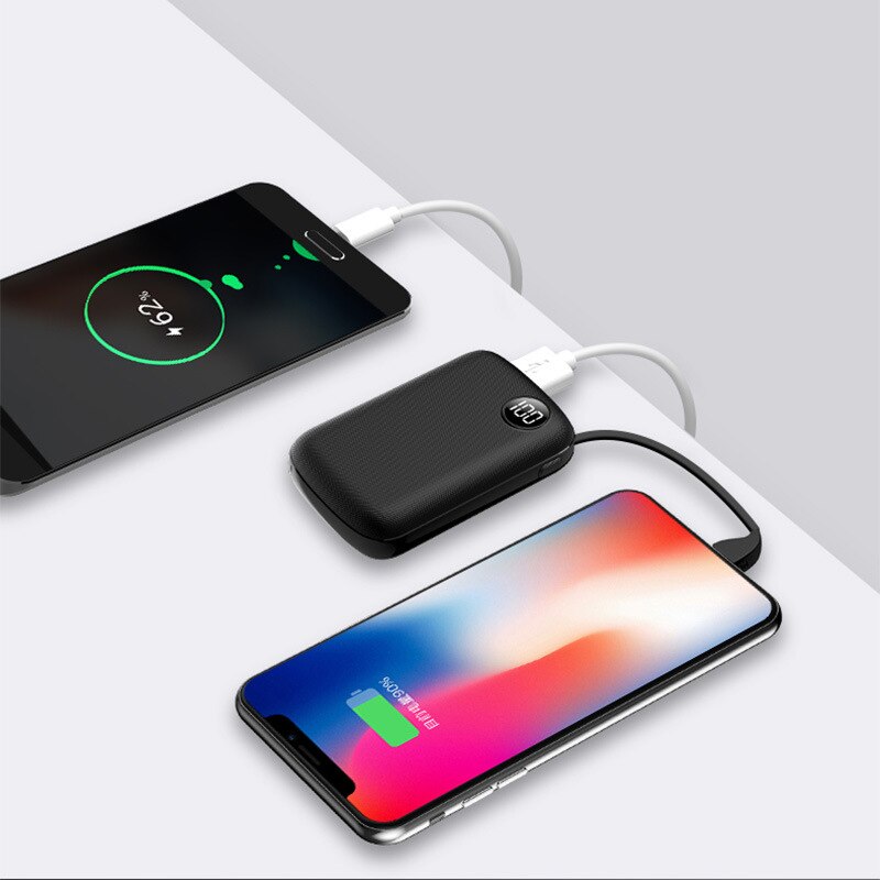 10000Mah Mini Power Bank Led Display Ingebouwde Kabel Voor Iphone Xiaomi Draagbare Powerbank Externe Batterij Carregador Portatil