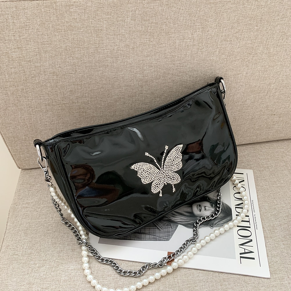 femmes sac perle brevet petite fermeture éclair fille messager sac à bandoulière chaîne femme vintage épaule sac à bandoulière