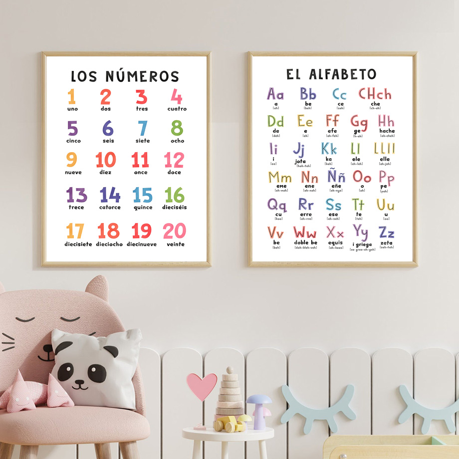 Alfabeto español educativo, números, clima, arte de pared para guardería, pintura en lienzo, carteles e impresiones, imagen para decoración de habitación de bebés y niños