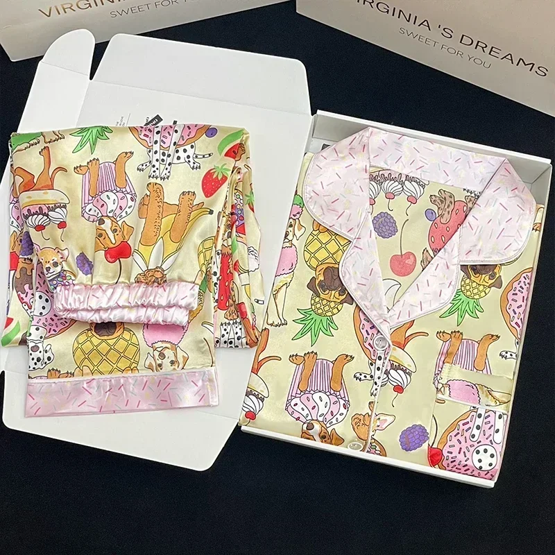 Kawaii jovem menina pjs cetim homewear longo curto moda pijama bonito gato impressão verão novo pijama fino para mulher seda casa conjunto