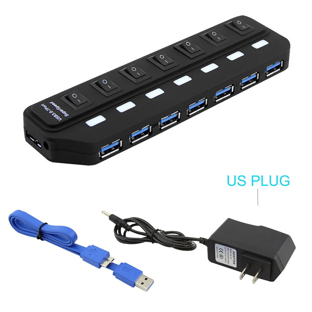 Windyoung USB3.0 HUB 7 Port with Power Charging and Switch Multiple USB Power Adapter LED ON/OFF Switch Splitter for PC Laptop: 7 Port and US PD
