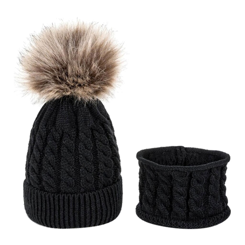 Winterset voor kinderen met slouchy pompon gebreide peutermuts, baby skimuts en sjaal: Zwart