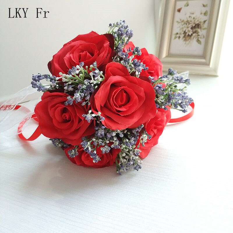Lky fr bryllupsbukett brudepike brudebukett kunstige roser hvit silke blomster jente bukett bryllupstilbehør hjemmeinnredning
